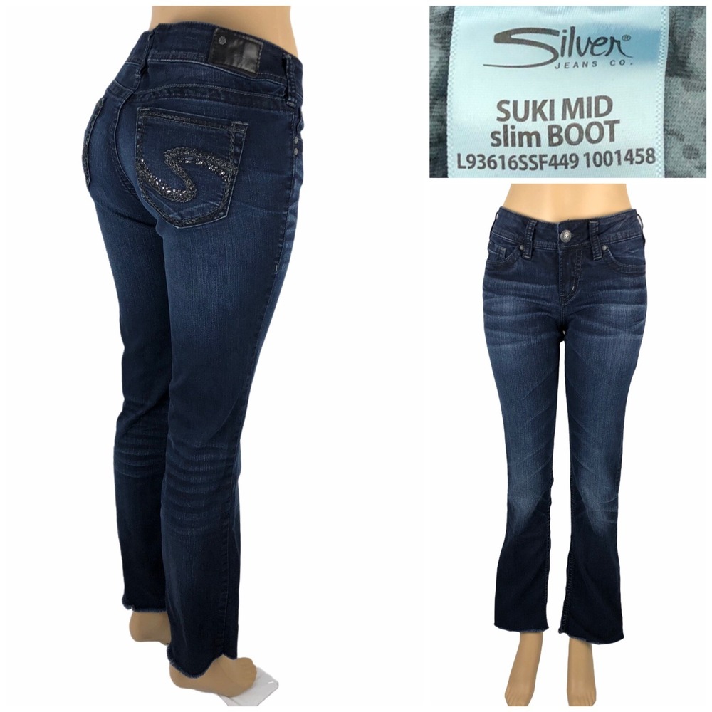 SILVER Jeans Women's 28 Suki Super Stretch Mid Slim Boot 30x30 (actual) Cut Off
